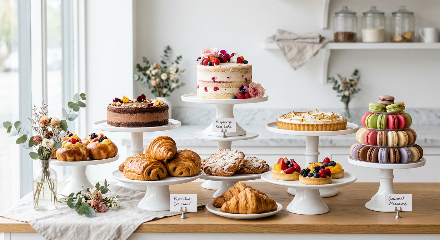 Cakes, pastries and macarons displayed on white stands