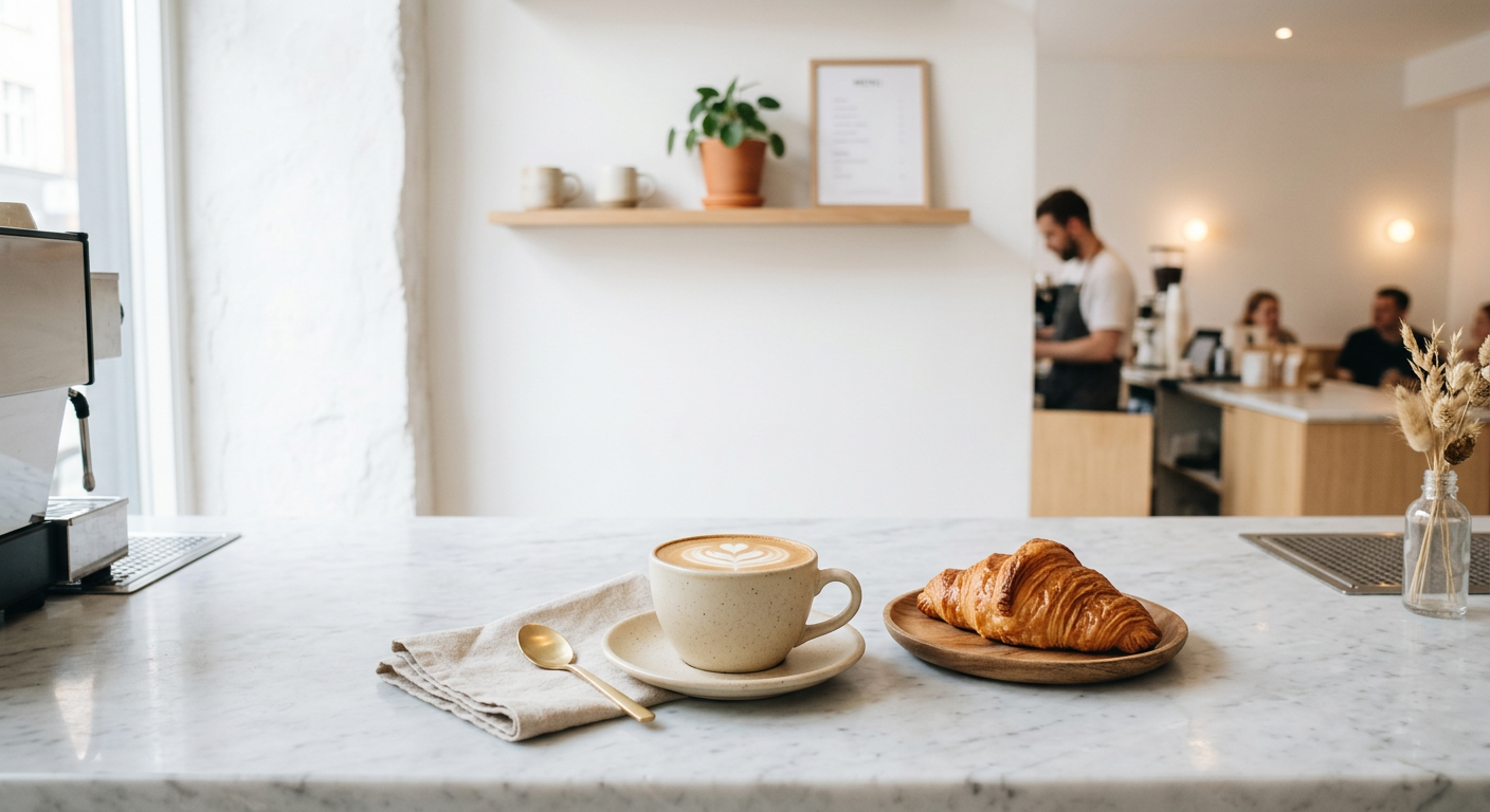 Cappuccino with latte art and a croissant on a marble café counter