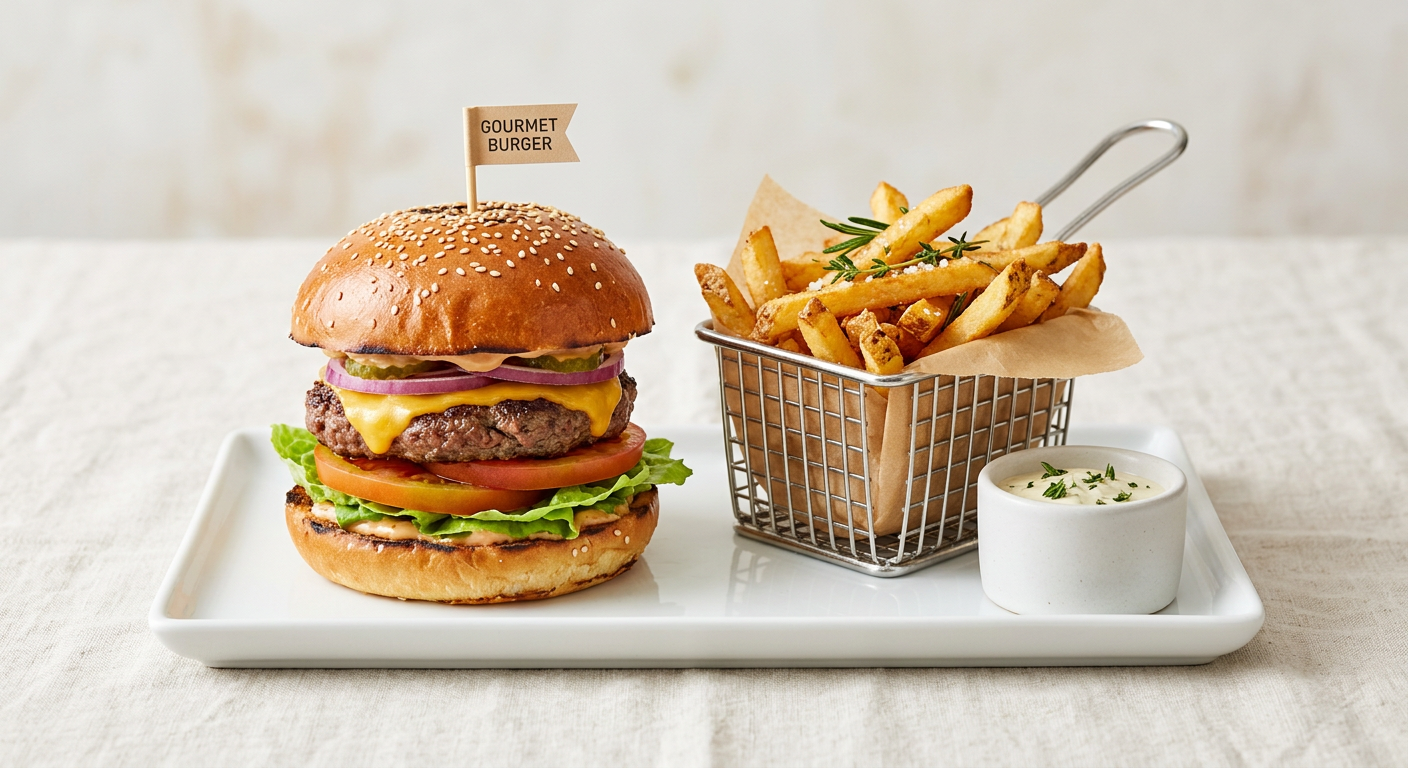 Gourmet burger and fries on a white tray