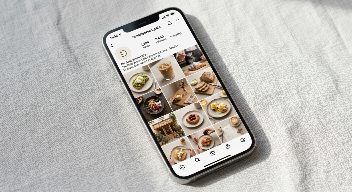 Instagram-style grid of café photos on a phone